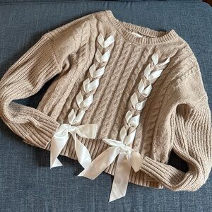 Cable Knit Sweater with Ribbon Details